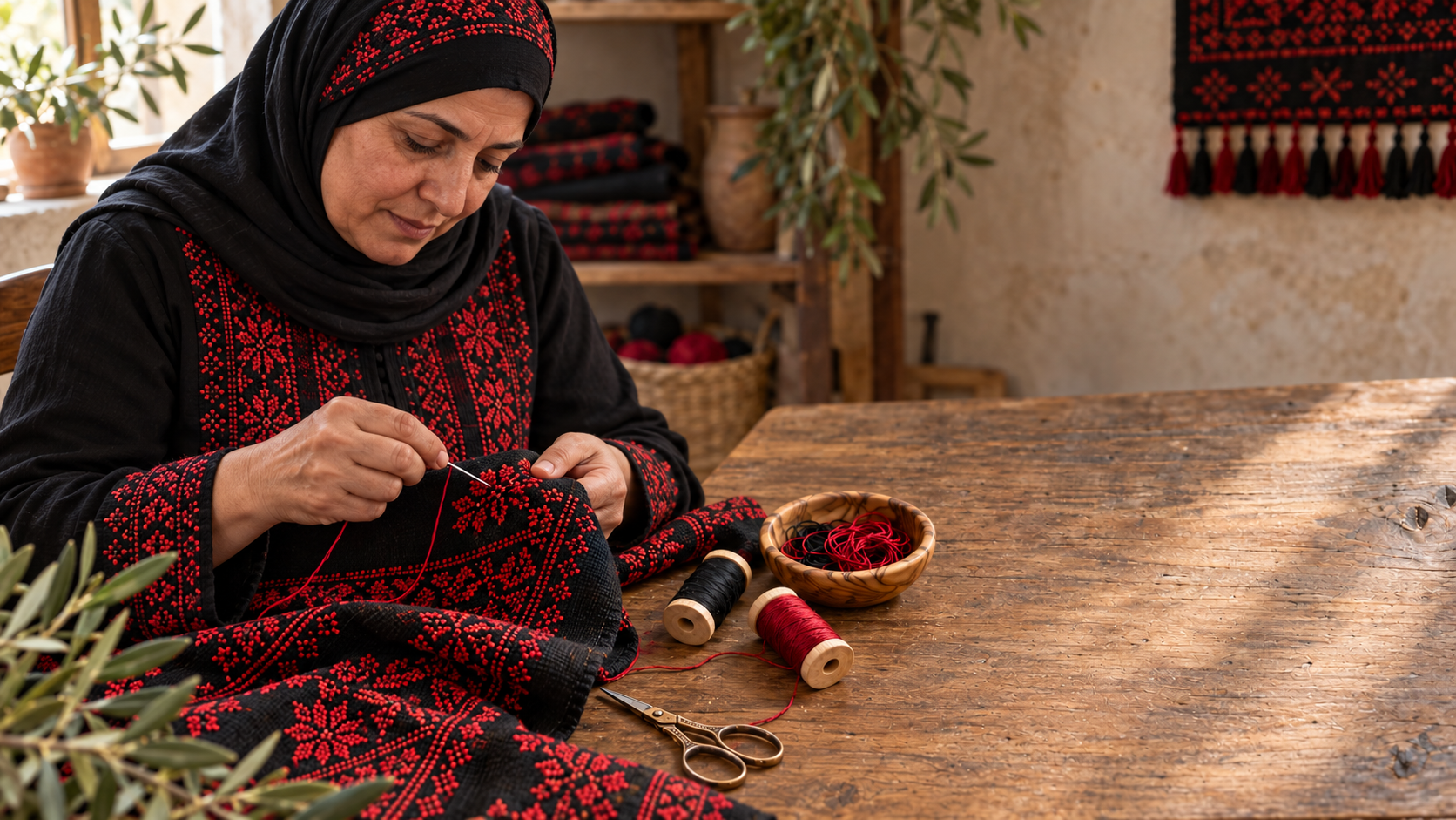 A Palestinian artisan working on an embroidery piece
