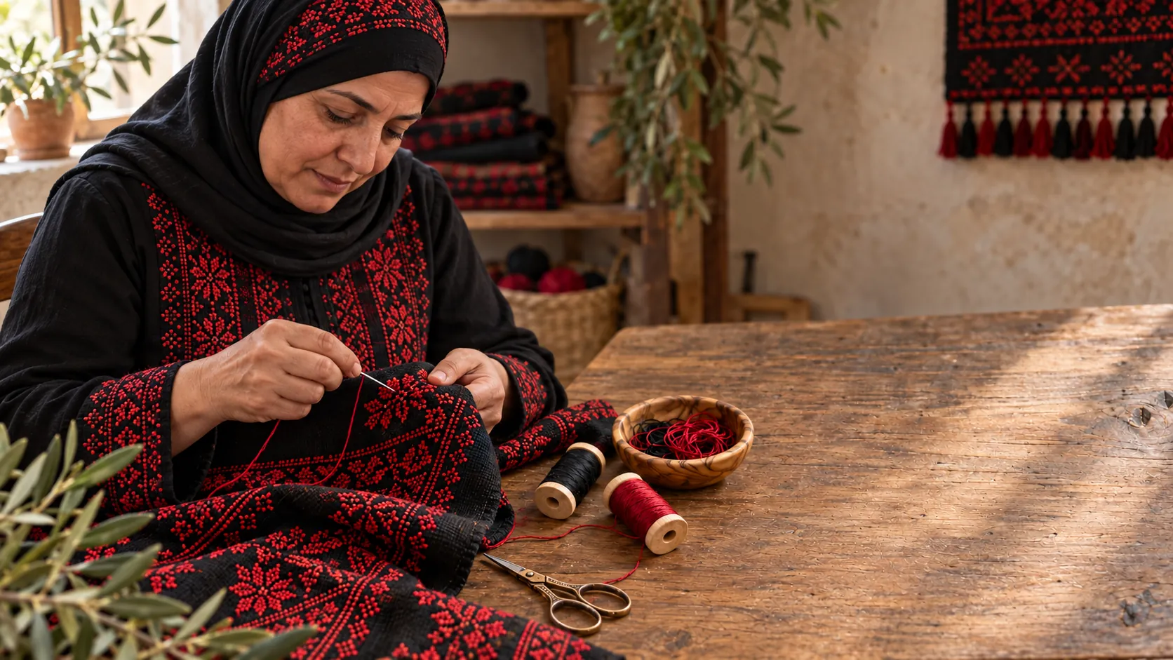 A Palestinian artisan working on an embroidery piece